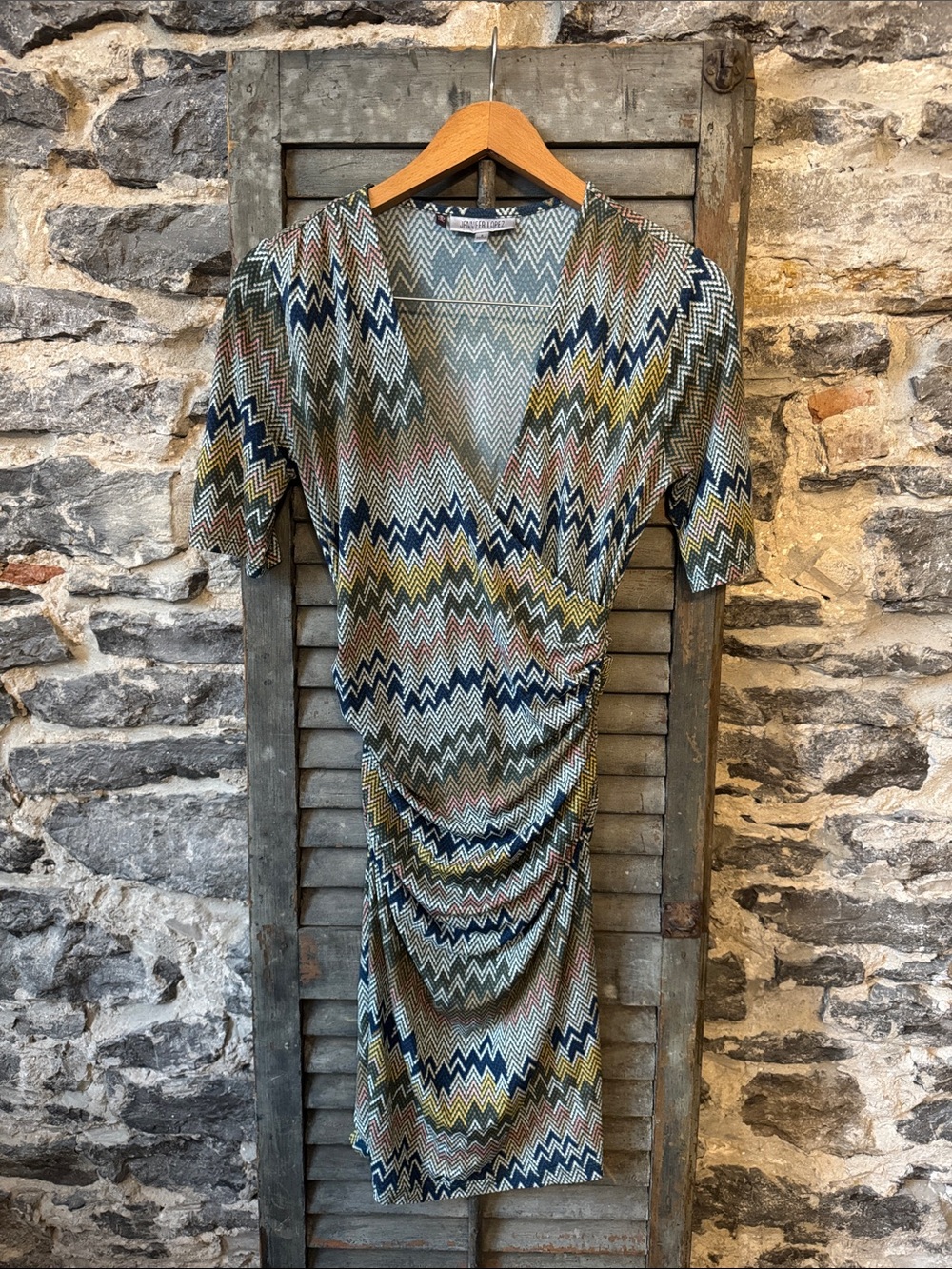 Jennifer Lopez Multicolor Zigzag Wrap Midi Dress — Olive, Navy & Mustard